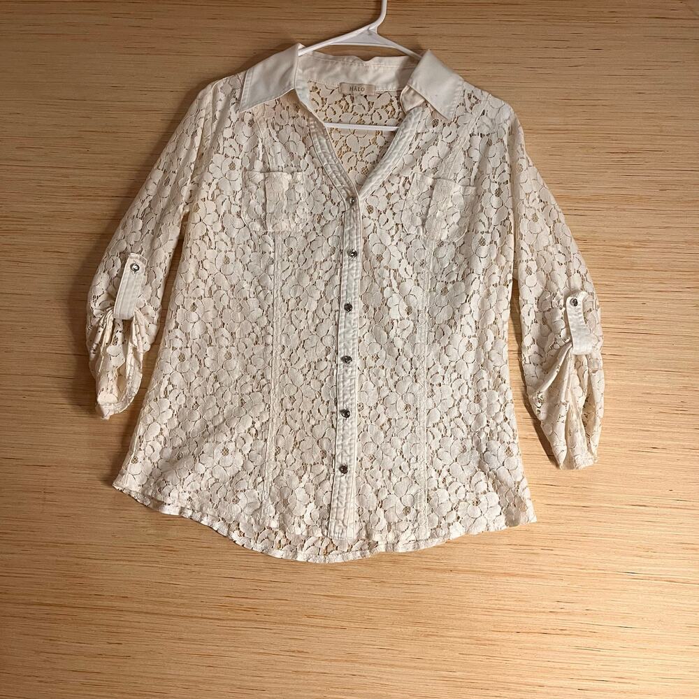 White Floral Lace Button Down Blouse Estimated M